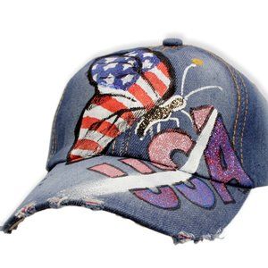 Hand Painted USA Ball Cap Distressed Denim Glitter